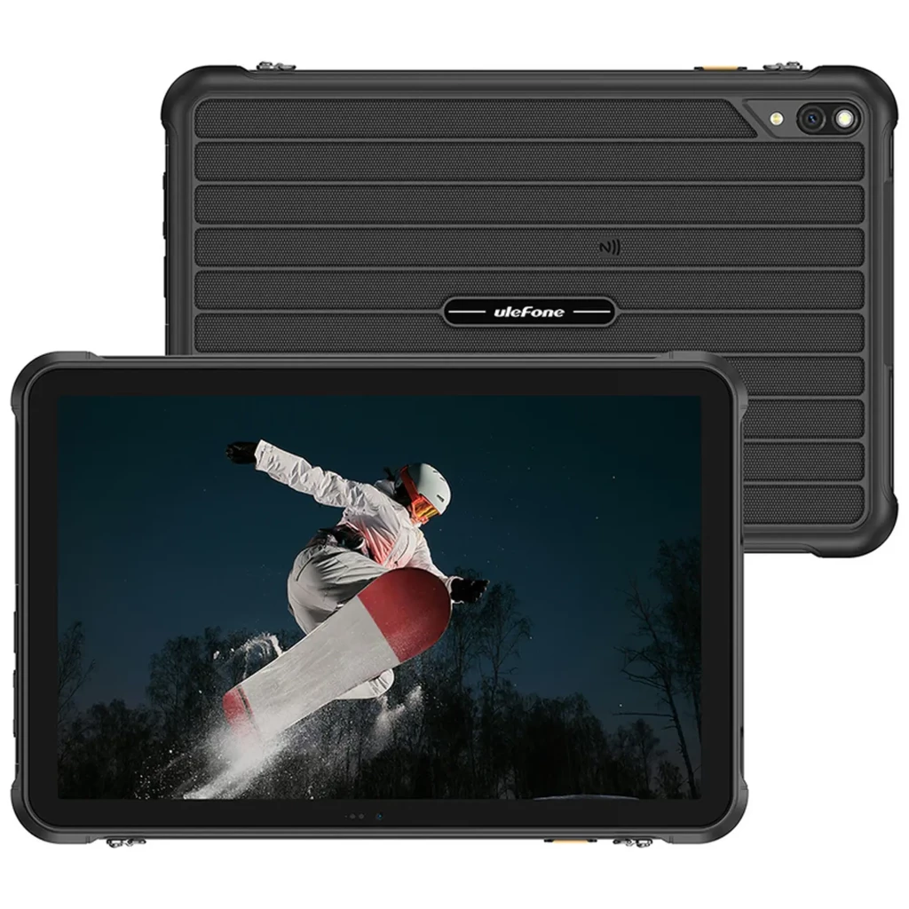 Tablet rugerizada negra Ulefone RugKing Pad 2 Pro con carcasa acanalada, cámara trasera doble, pantalla amplia con borde reforzado y diseño resistente