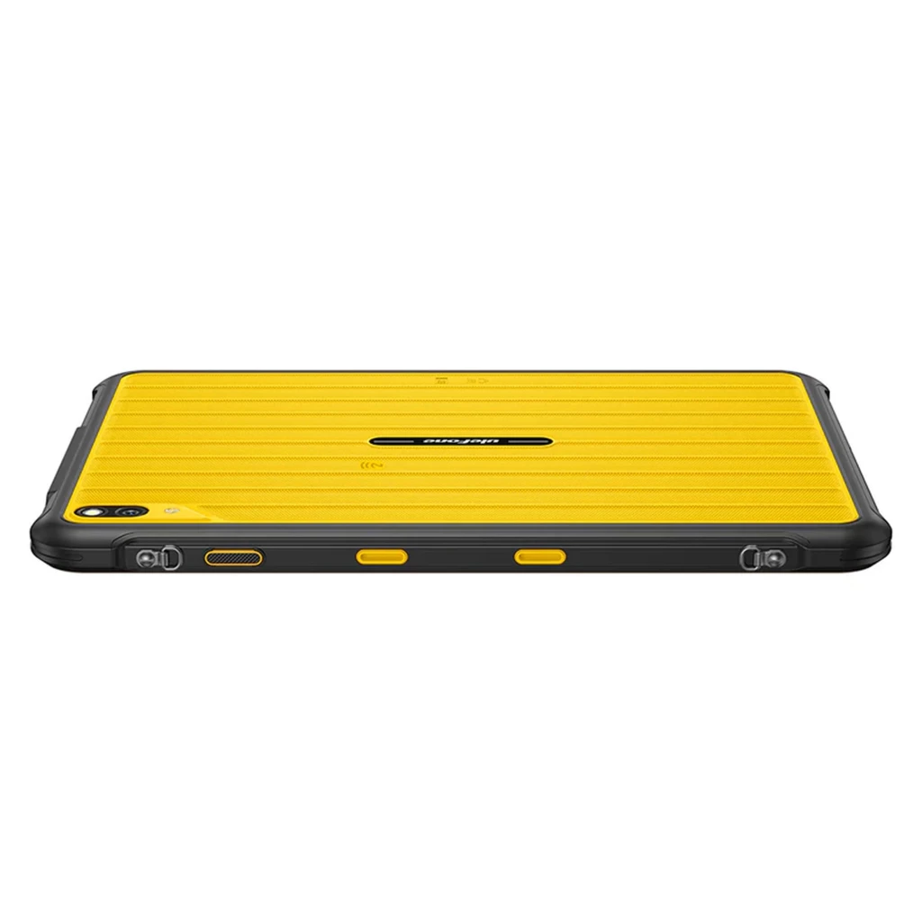 Tableta resistente Ulefone RugKing Pad 2 Pro en negro y amarillo, carcasa acanalada, cámara trasera 48 Mpx, puertos laterales y esquinas reforzadas
