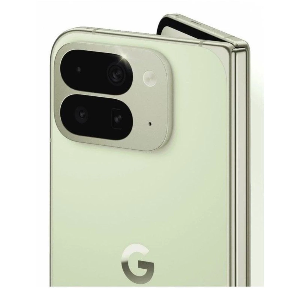 Módulo de triple cámara trasera en Google Pixel 10 Pro Fold 5G color jade, diseño plegable con bordes metálicos y acabado mate elegante