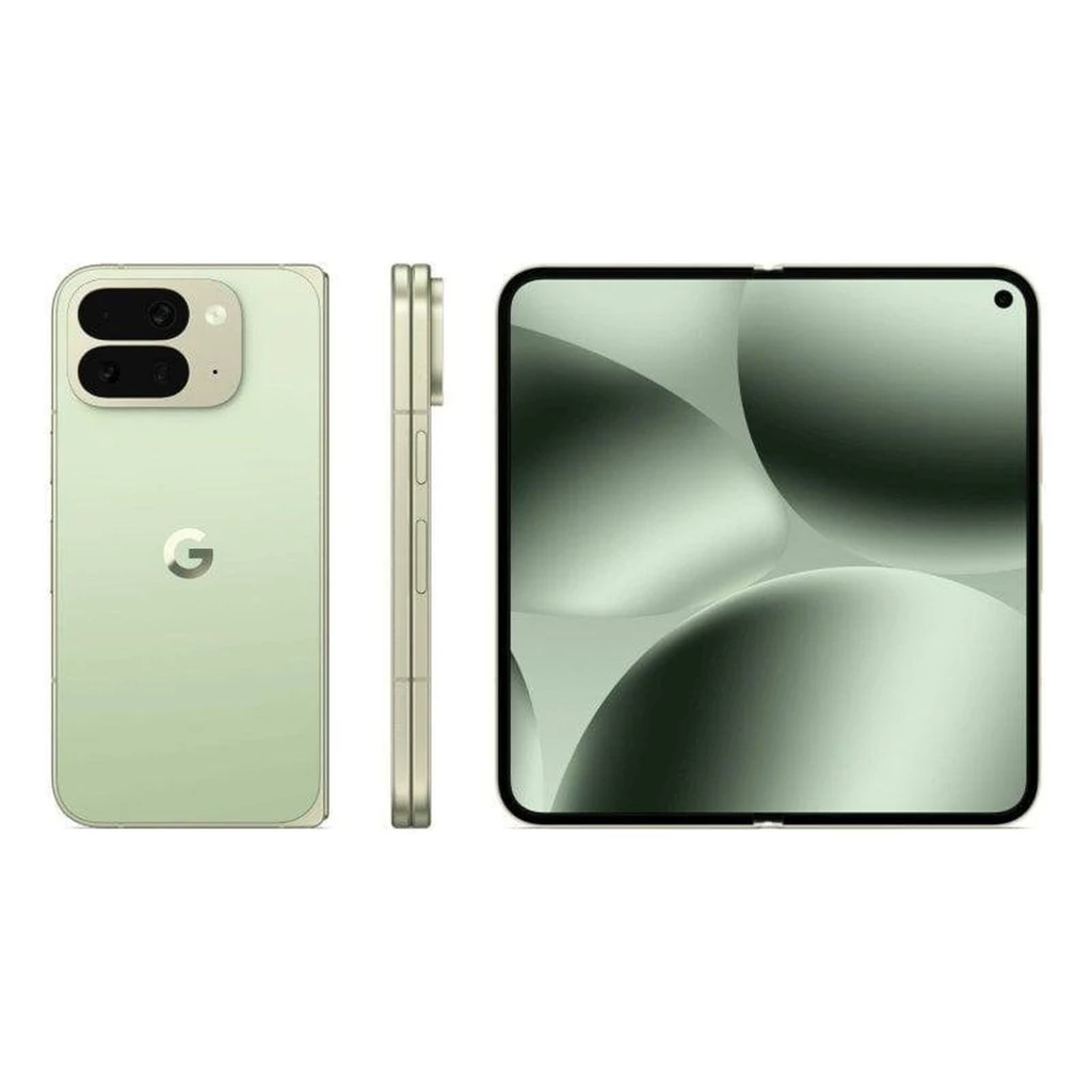 Smartphone plegable jade con gran pantalla interior cuadrada, bisagra central, cámara frontal perforada y triple cámara trasera con módulo dual y logo G