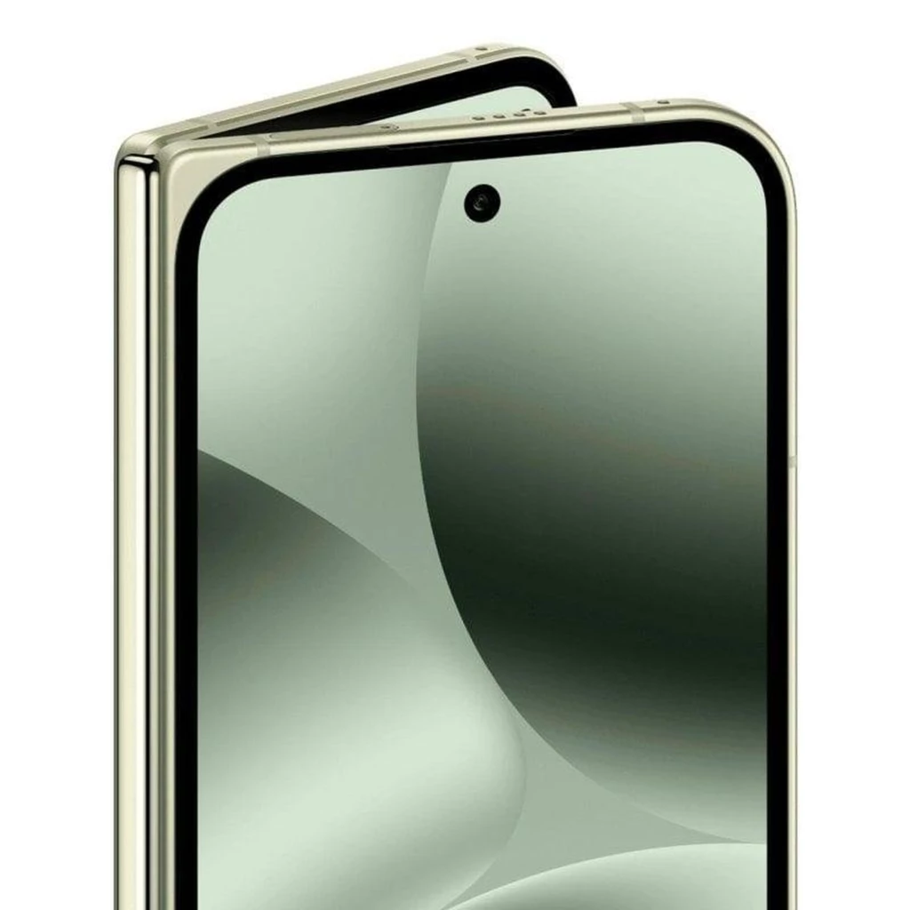 Pantalla plegable jade con bisagra dorada, frontal con perforación centrada para cámara y bordes delgados; diseño premium del Google Pixel 10 Pro Fold 5G