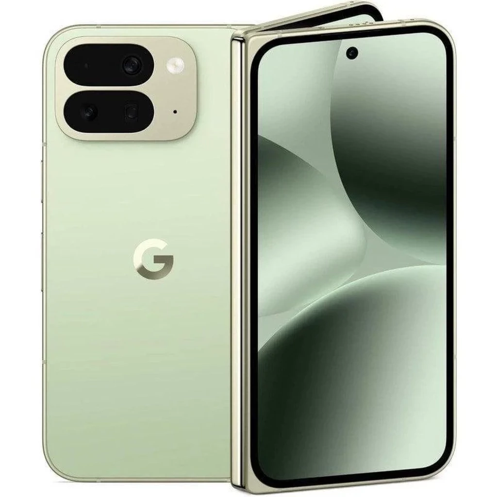 Google Pixel 10 Pro Fold 5G jade plegable con pantalla interna amplia y externa perforada, triple cámara trasera en módulo rectangular y acabado metálico