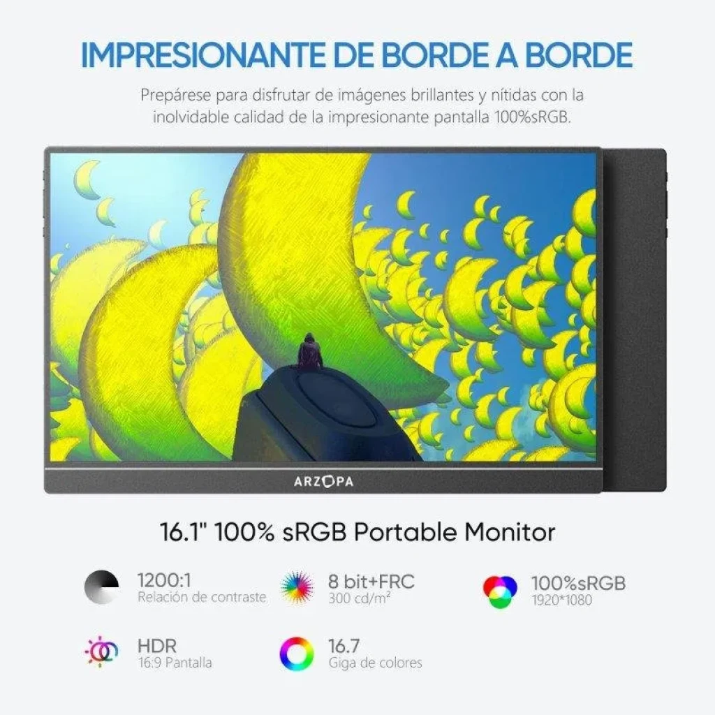 Arzopa Z1C 16,1 FHD IPS 60 Hz con bisel delgado, 100% sRGB, HDR, 300 nits, relación 16:9 y contraste 1200:1