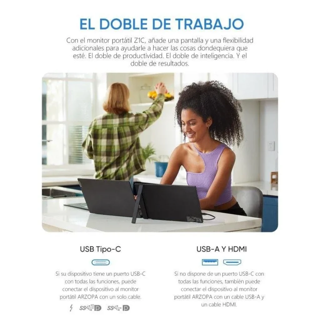 Arzopa Z1C con soporte trasero, biseles delgados y conexiones USB C, USB A y HDMI para uso dual con laptop y móvil