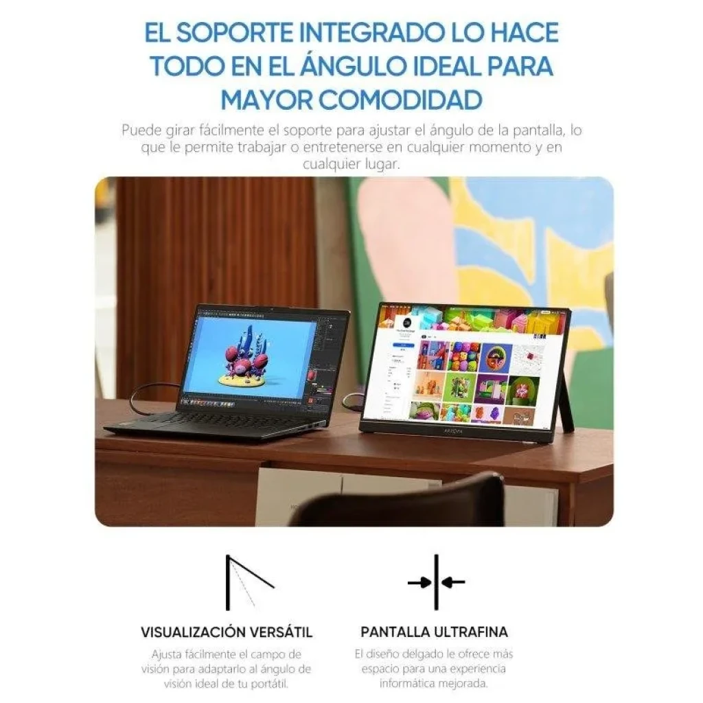 Arzopa Z1C con soporte integrado ajustable, pantalla ultrafina, biseles delgados y conexión versátil para trabajo y ocio