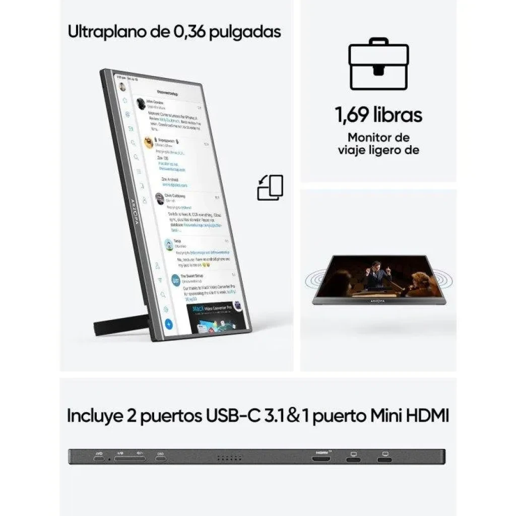 Arzopa Z1C ultraplano 0,36 pulgadas, 1,69 lb, con 2 puertos USB-C 3.1 y 1 Mini HDMI, diseño ligero para viaje