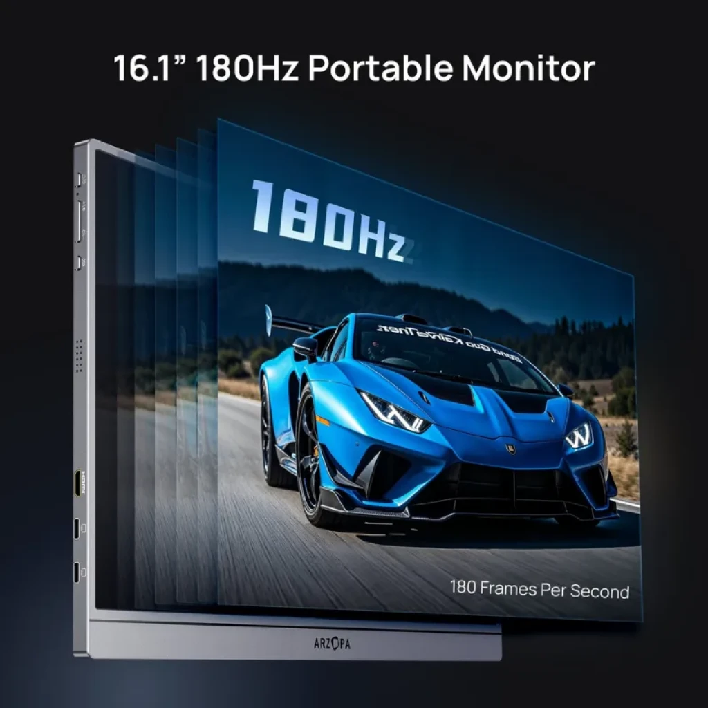 Monitor portátil Arzopa Z3FC 16,1 QHD 180Hz con biseles finos, diseño delgado en gris, múltiples puertos laterales y funda de transporte incluida