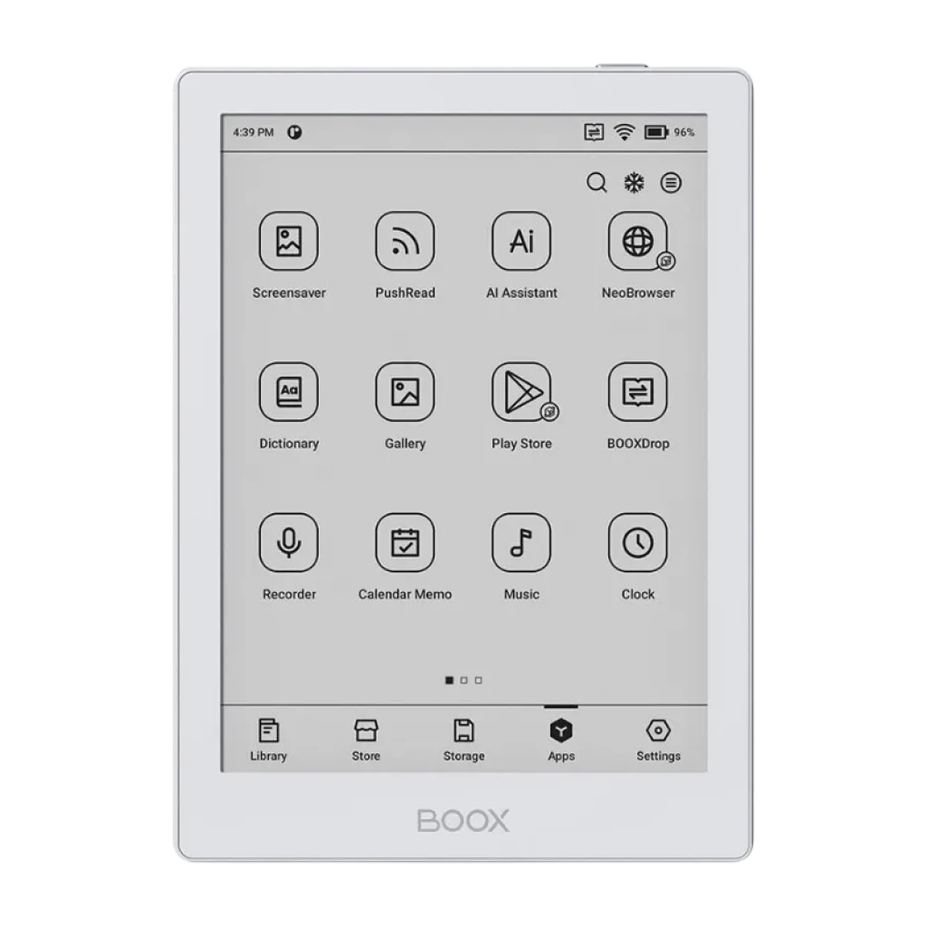 BOOX Go 6 blanco con pantalla E Ink Carta 1300 de 6 pulgadas, biseles finos y botones táctiles; interfaz con iconos de apps y logotipo BOOX inferior