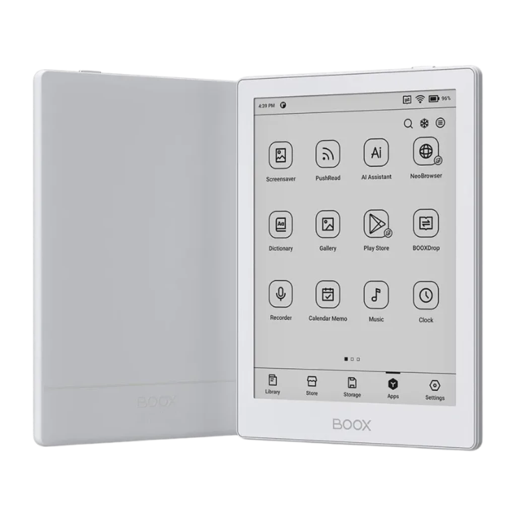 BOOX Go 6 blanco con funda tipo libro, pantalla E Ink 6 pulgadas Carta 1300, biseles delgados y botones táctiles