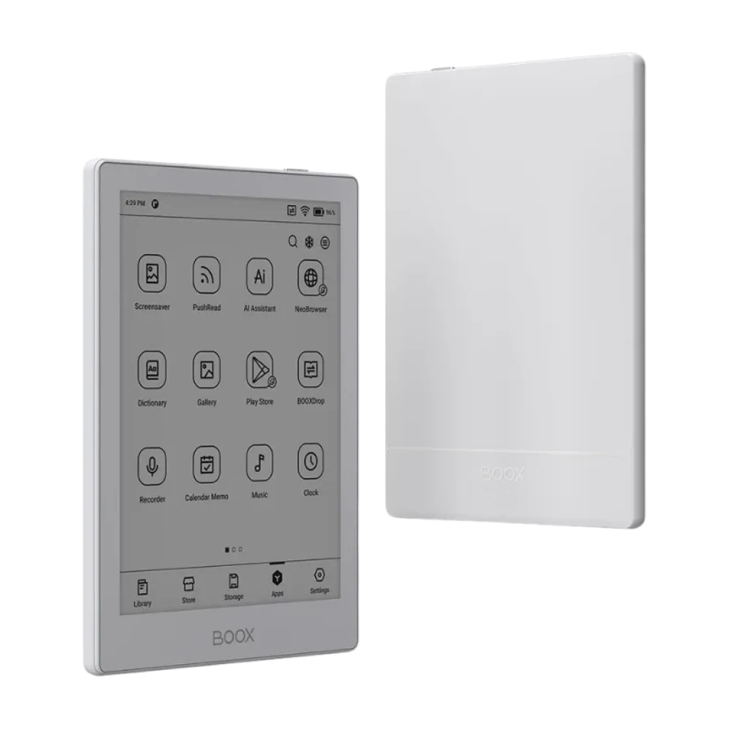 BOOX Go 6 blanco con pantalla E Ink 6 Carta 1300, marco fino gris claro, botones táctiles, interfaz Android 11; parte trasera lisa y ranura MicroSD
