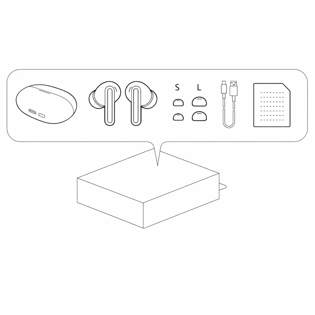 Auriculares Xiaomi Redmi Buds 8 ANC negros con estuche compacto, puntas S M L, cable USB-C y manual. Diseñados con varilla y puertos de micrófono.