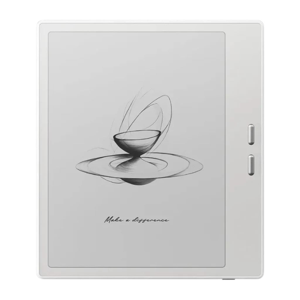 Tableta ePaper blanca de 7 pulgadas con bisel asimétrico, botones laterales y pantalla Carta 1300; diseño minimalista y acabado limpio, 64GB y Android 13
