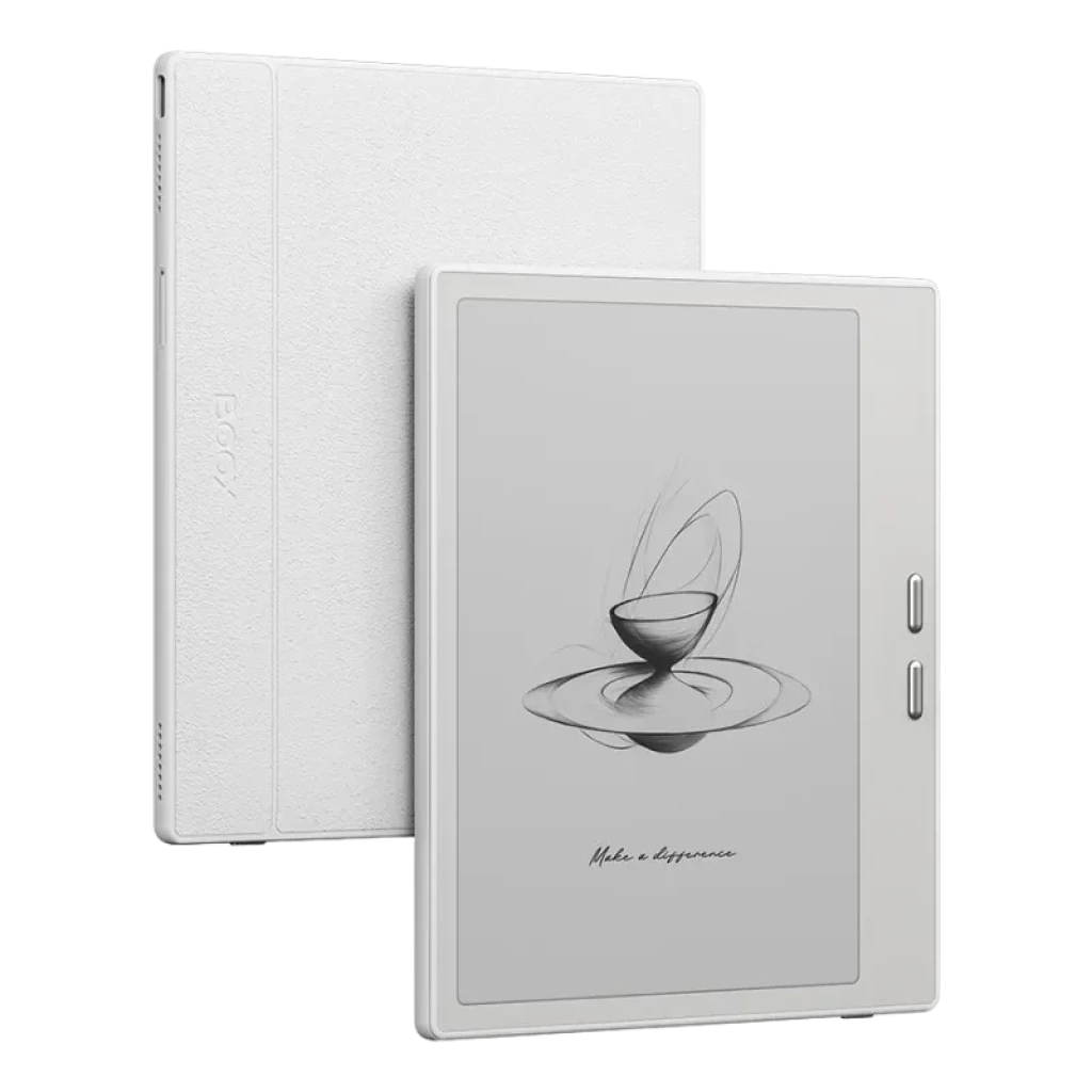 Tableta ePaper blanca de 7 pulgadas con pantalla Carta 1300, 64GB, bisel delgado y dos botones laterales; diseño minimalista y ligero con Android 13