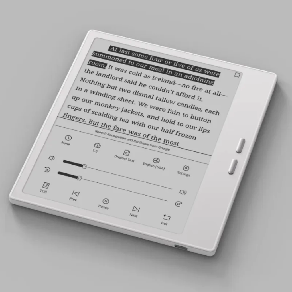 Tablet ePaper BOOX Go 7 pulgadas blanca, bisel fino, botones laterales físicos, pantalla Carta 1300 mate con texto nítido, controles táctiles en pantalla