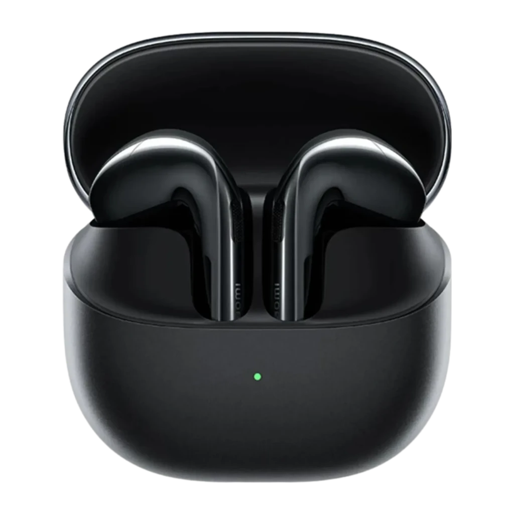 Auriculares Xiaomi Buds 6 negros brillantes con estuche compacto mate, diseño intraural tipo botón, indicador LED frontal y acabado metálico elegante
