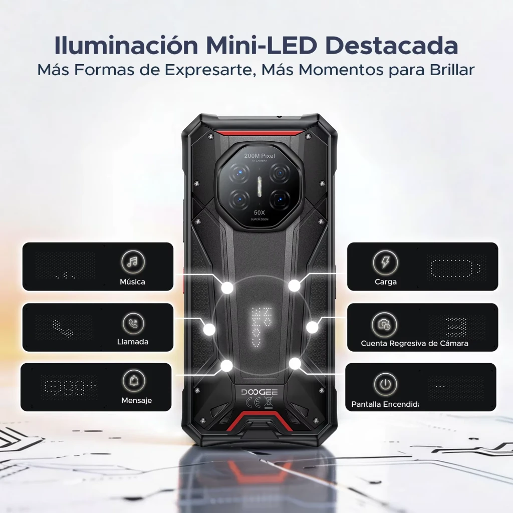 Doogee S300 Plus gris ultra resistente con luces mini-LED traseras, cámara 100 Mpx, módulo circular, textura antideslizante y detalles rojos robustos