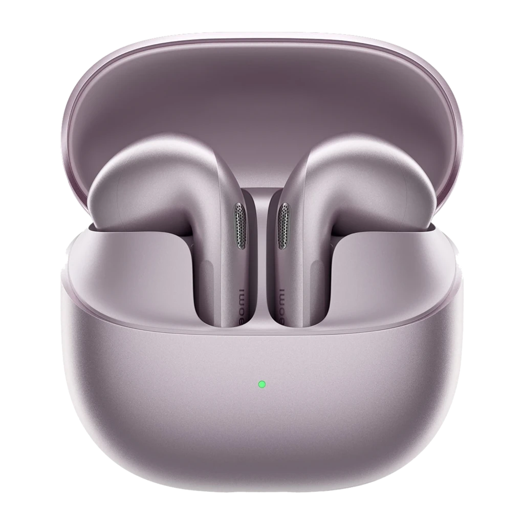 Auriculares Xiaomi Buds 6 púrpura en estuche compacto; diseño ergonómico tipo open-fit, acabado metálico, indicadores LED y rejillas de micrófono en cada