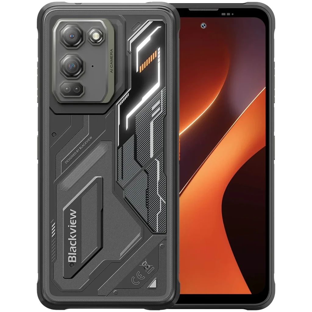 Blackview Fort 200 negro con diseño robusto, triple cámara trasera, pantalla 6.78 con biseles delgados, detalles futuristas y carcasa resistente con textura