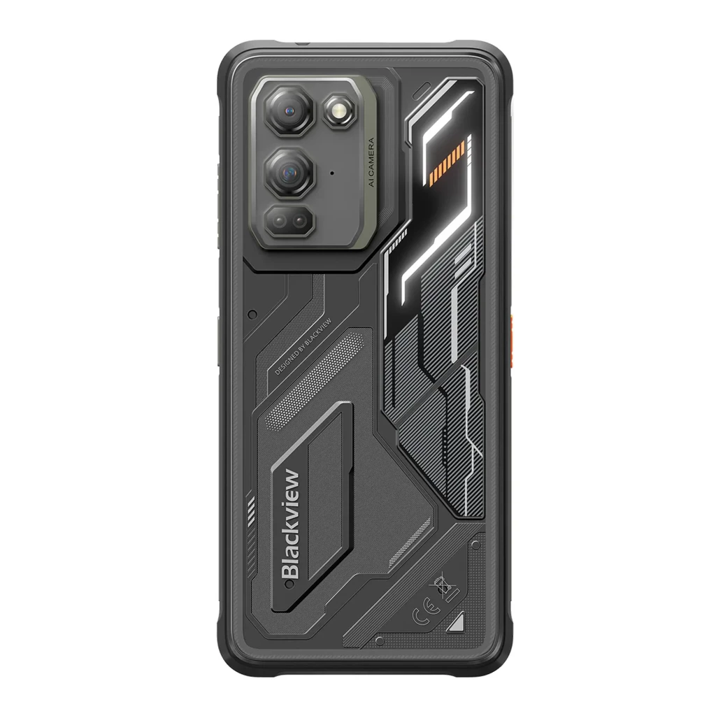 Blackview Fort 200 negro con cubierta trasera robusta, triple cámara trasera con módulo hexagonal, detalles naranjas y panel con líneas y textura futurista
