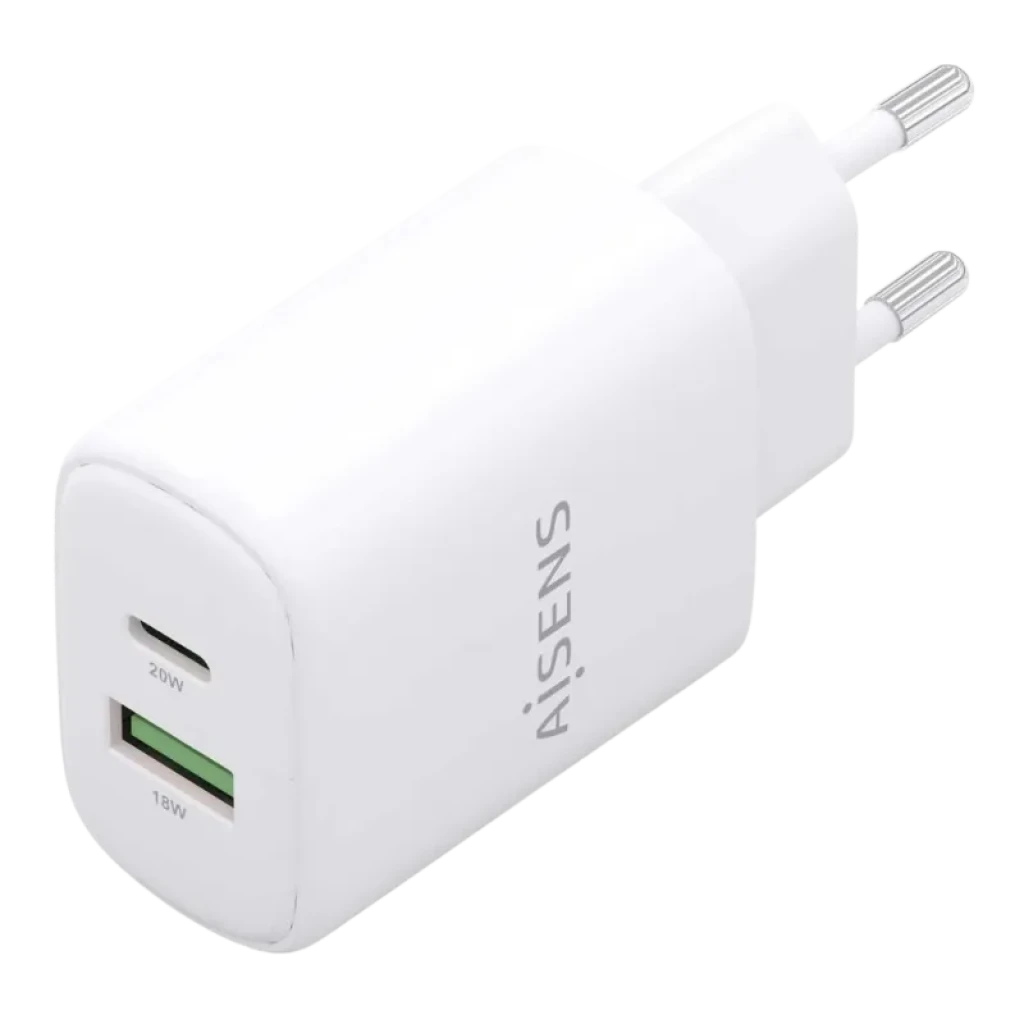 Detalle de puertos USB-C PD 3.0 y USB-A QC 3.0 en cargador Aisens.