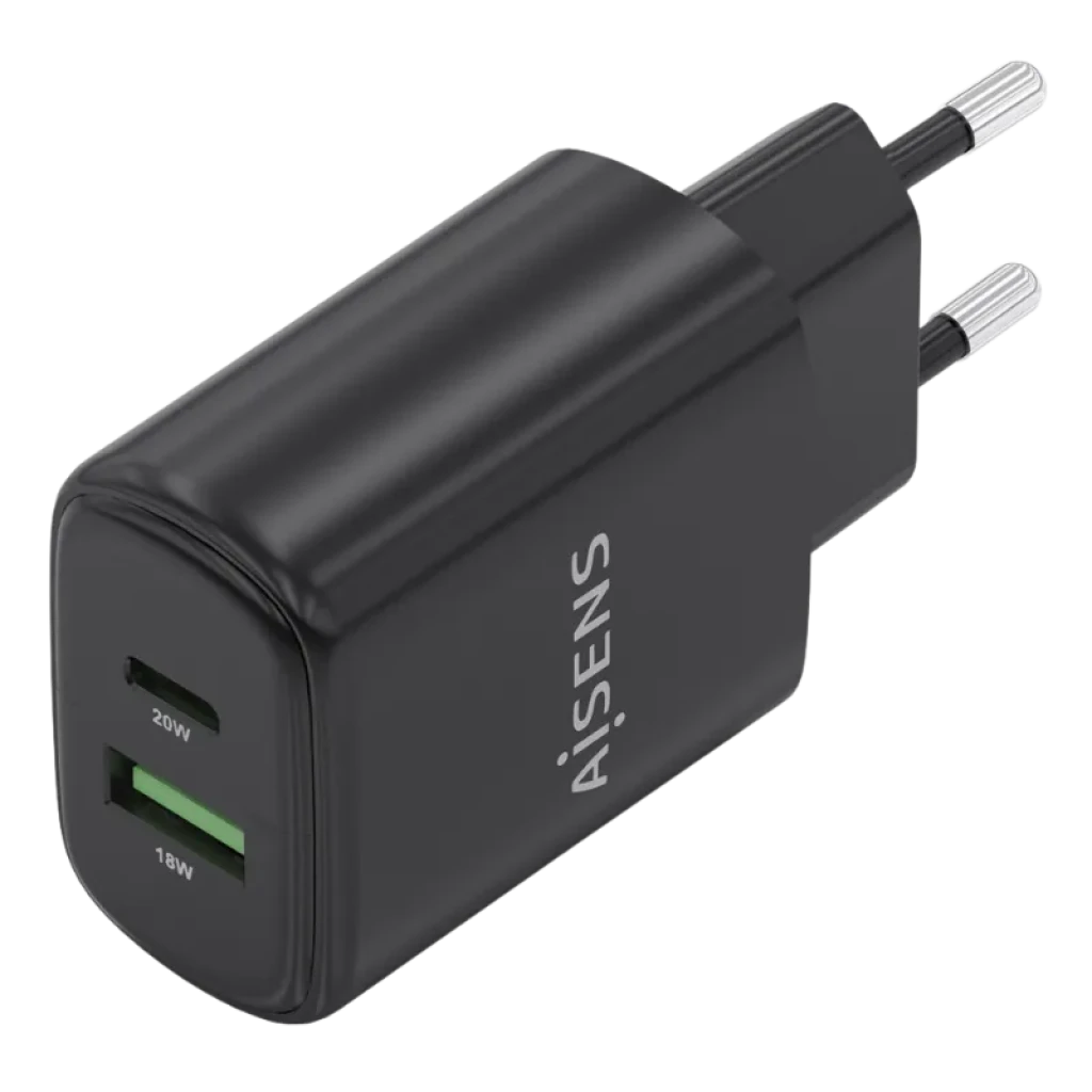 Détail des ports USB-C PD 3.0 et USB-A QC 3.0 sur le chargeur Aisens