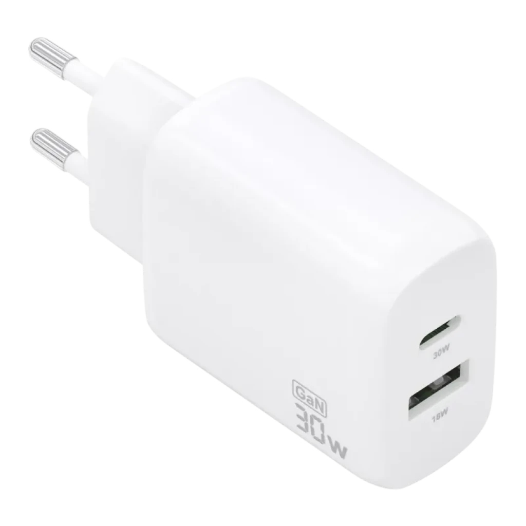 Cargador Aisens GaN 30W blanco con puertos USB-C y USB-A