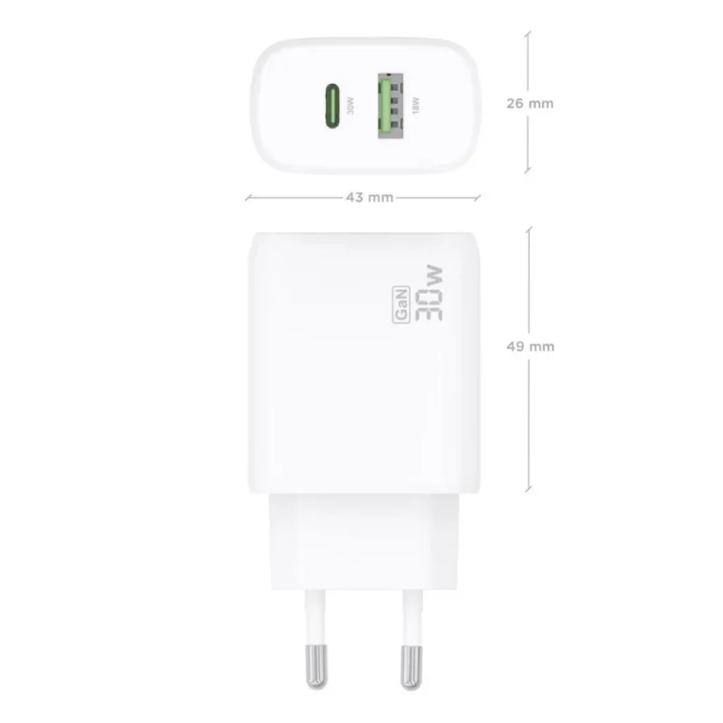 Cargador de pared blanco Aisens GaN A110-0923 30W con puertos USB-C y USB-A, diseño compacto 43x26x49 mm y clavija europea