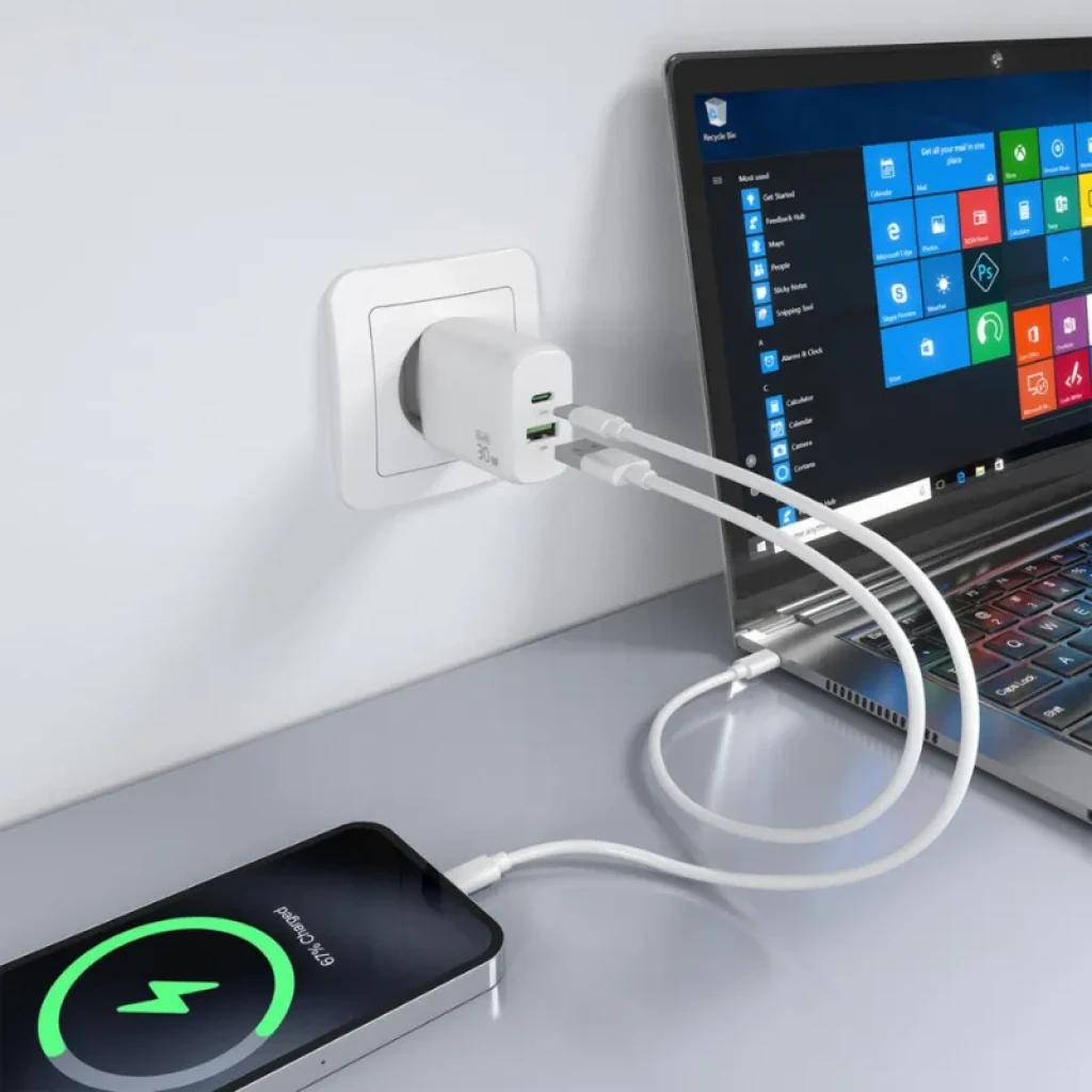Cargador de pared Aisens GaN A110-0923 30W, color blanco, con puertos USB-C y USB-A. Diseño compacto, dos cables conectados a portátil y smartphone.