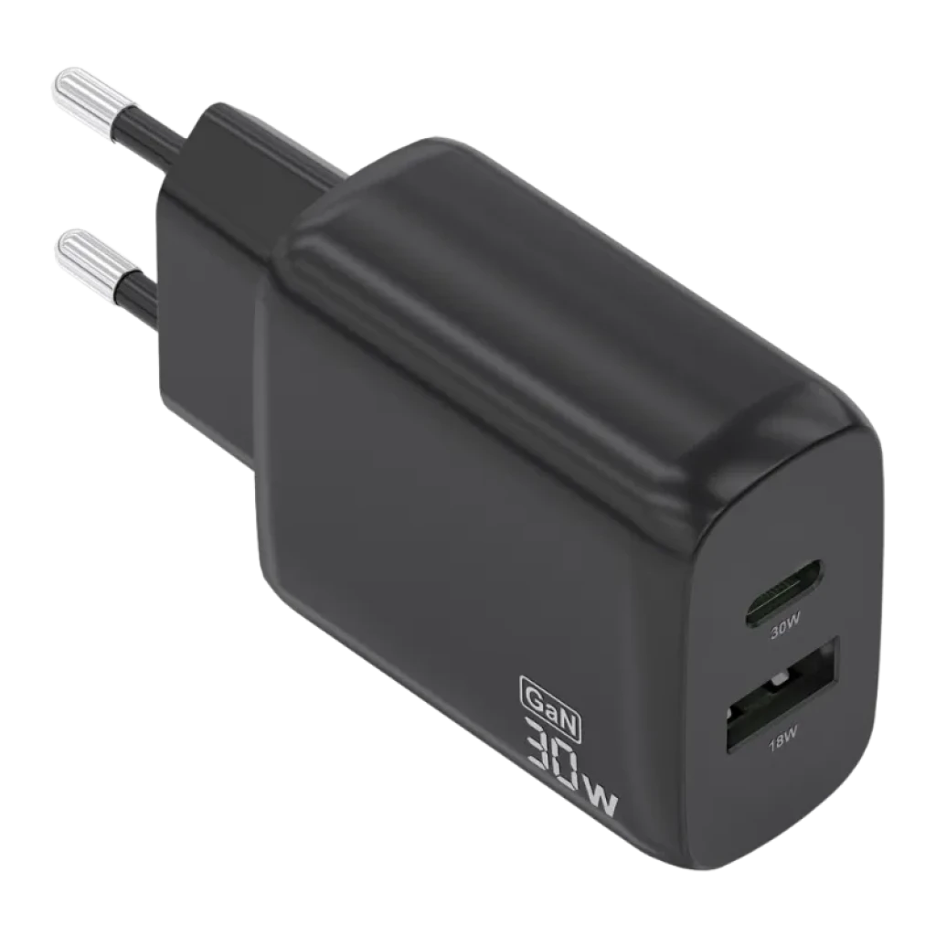 Cargador Aisens GaN 30W negro con puertos USB-C y USB-A