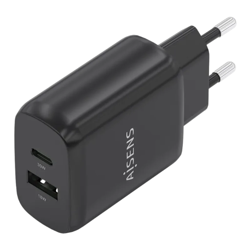 Detalhe das portas USB-C PD e USB-A no carregador compacto Aisens