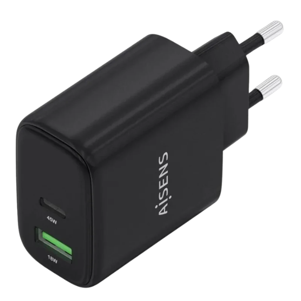 Detalle de los puertos USB-C y USB-A del cargador GaN Aisens