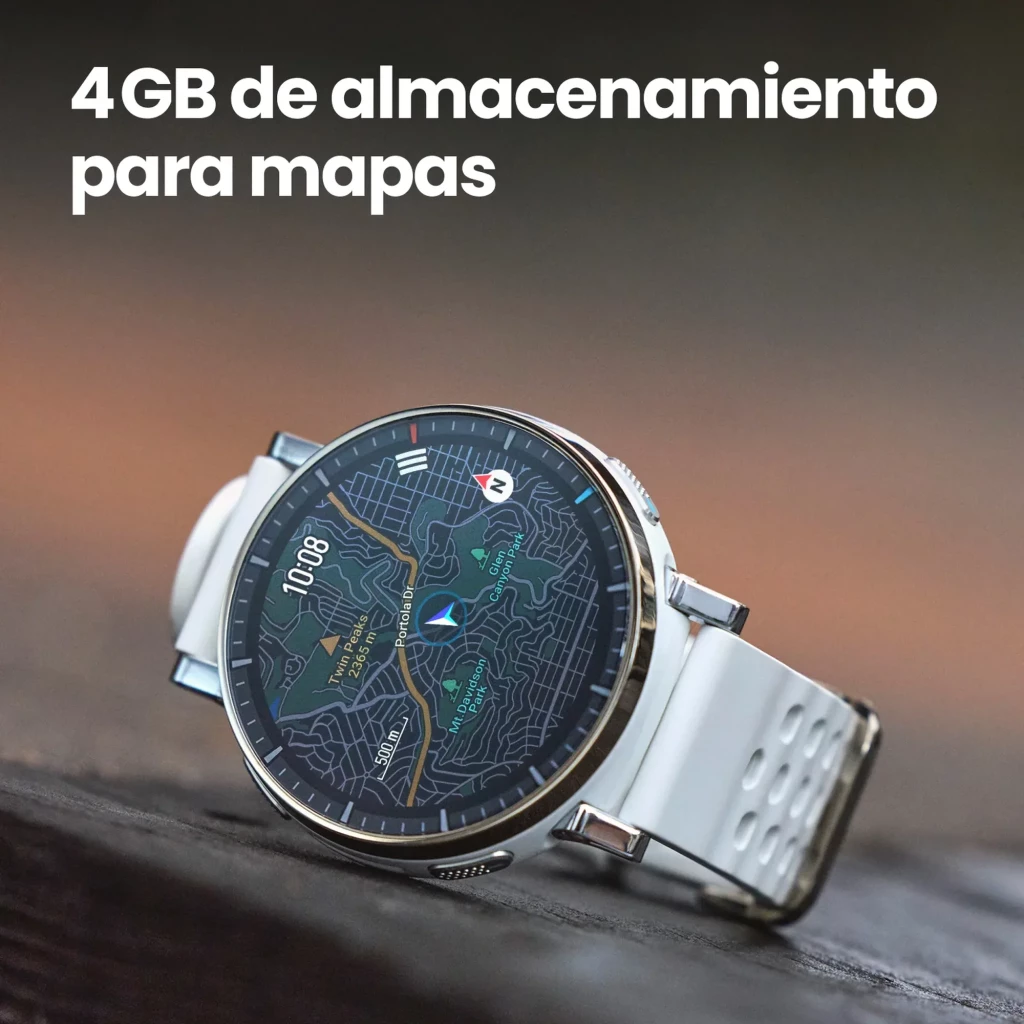 Amazfit Active 3 Premium, caja plateada Apex Silver, pantalla AMOLED 1.32 táctil, correa blanca deportiva, mapa en pantalla y GPS integrado