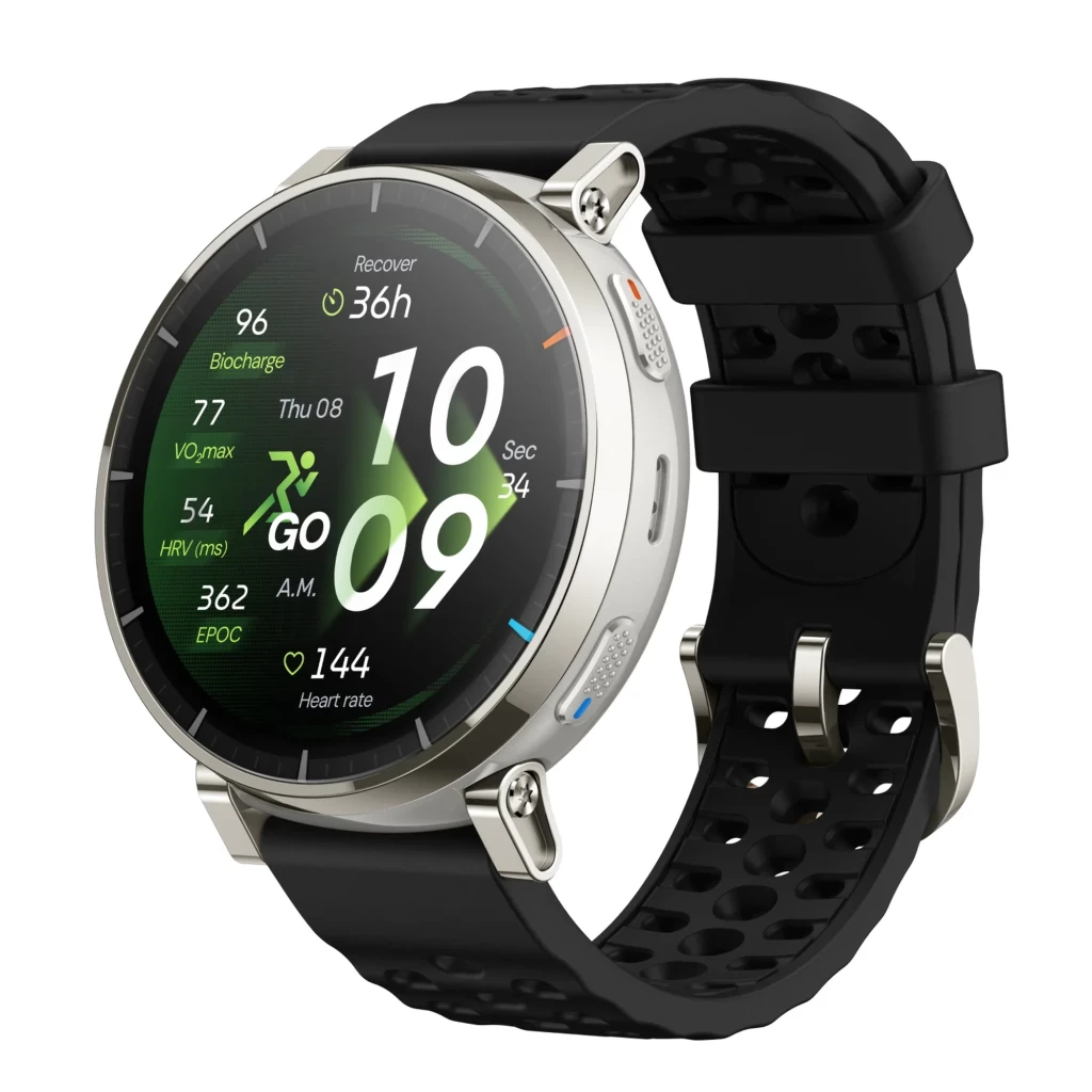Amazfit Active 3 Premium 1.32 AMOLED táctil en color Apex Silver con correa negra perforada, bisel metálico, botones laterales y pantalla deportiva brillante