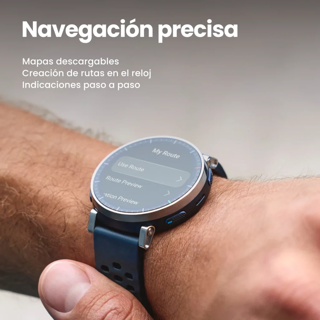 Amazfit Active 3 Premium Apex Silver con pantalla AMOLED 1.32 táctil, bisel metálico plateado, correa deportiva azul y GPS con rutas e indicaciones paso a