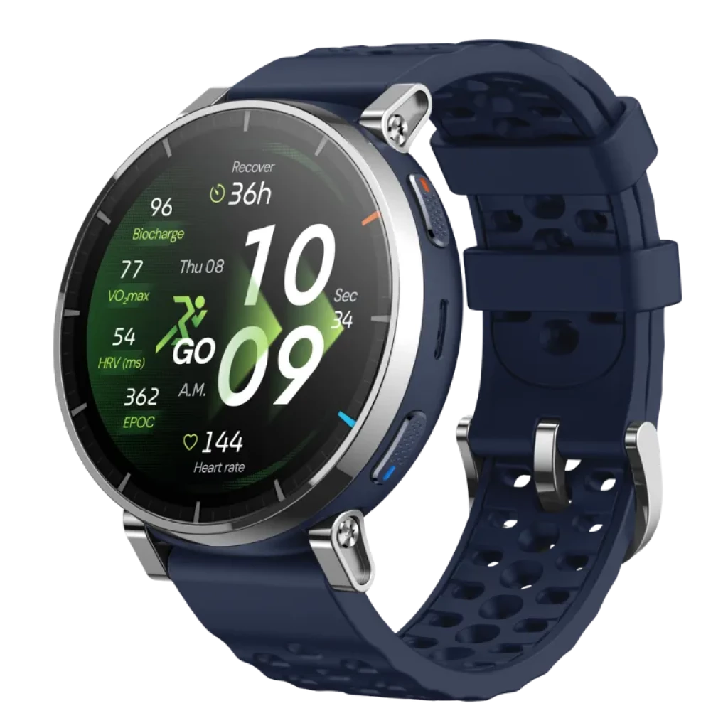 Amazfit Active 3 Premium 1.32 AMOLED táctil en color Atlas Blue perforada, bisel metálico, botones laterales y pantalla deportiva brillante