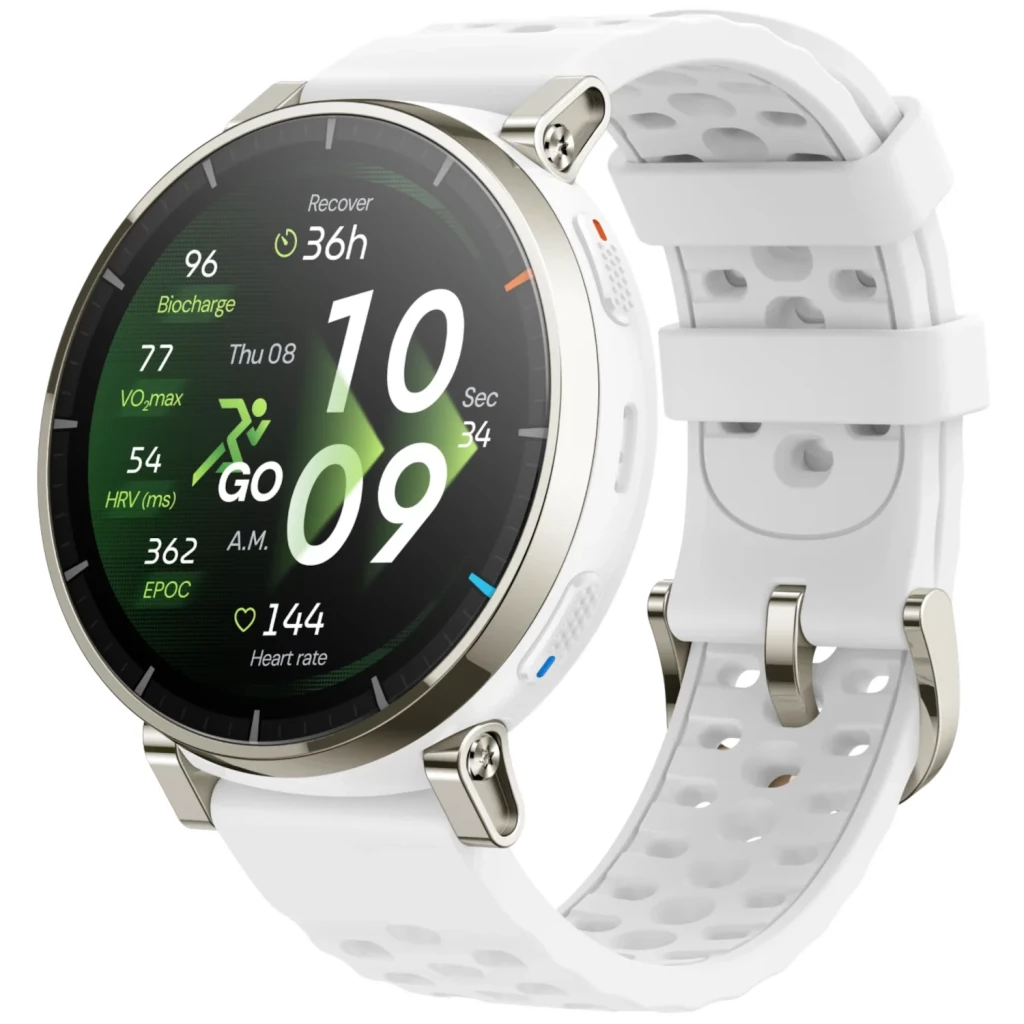 Amazfit Active 3 Premium en blanco aero con caja metálica, pantalla AMOLED 1.32 táctil, botones laterales, correa perforada y métricas deportivas en pantalla