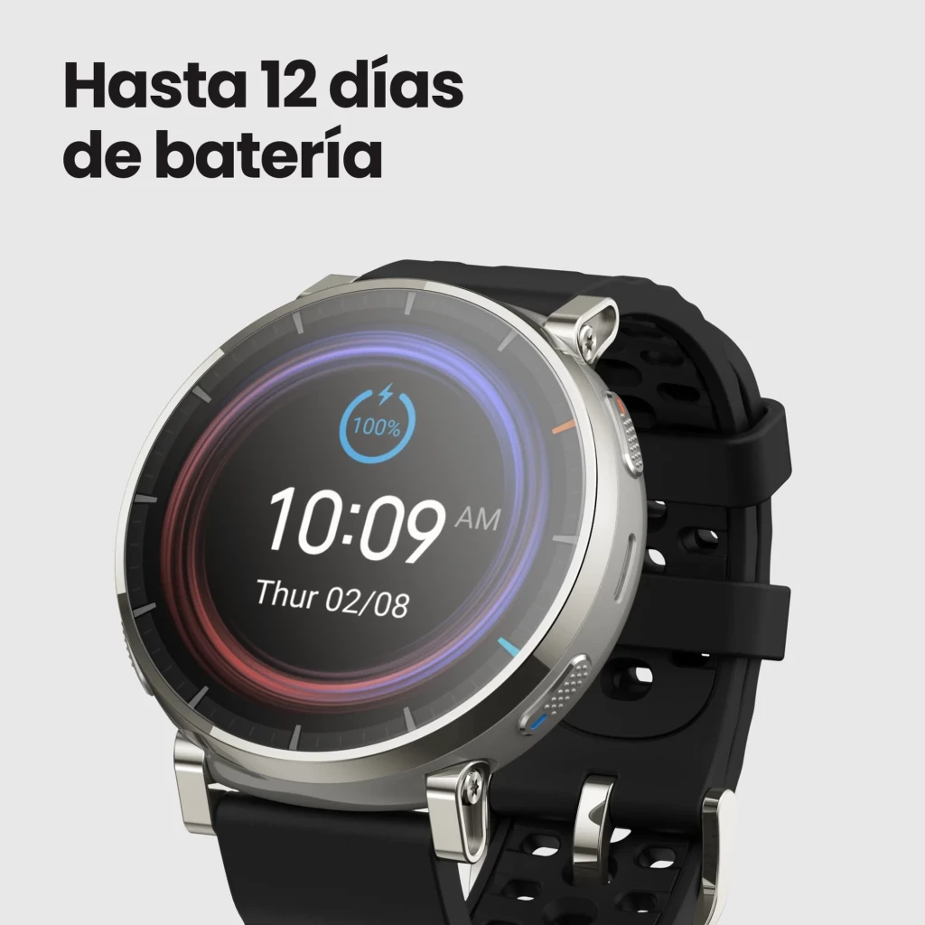 Amazfit Active 3 Premium 1.32 AMOLED táctil GPS en Aero White con bisel plateado y correa negra perforada; pantalla circular con indicador de batería 100%