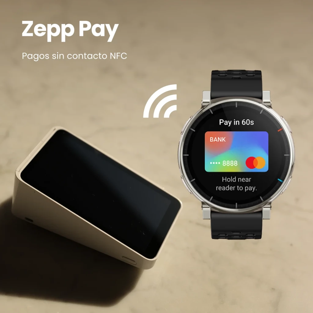 Amazfit Active 3 Premium 1.32 AMOLED táctil con GPS en blanco aero, bisel metálico plateado y correa negra, compatible con pagos NFC Zepp Pay