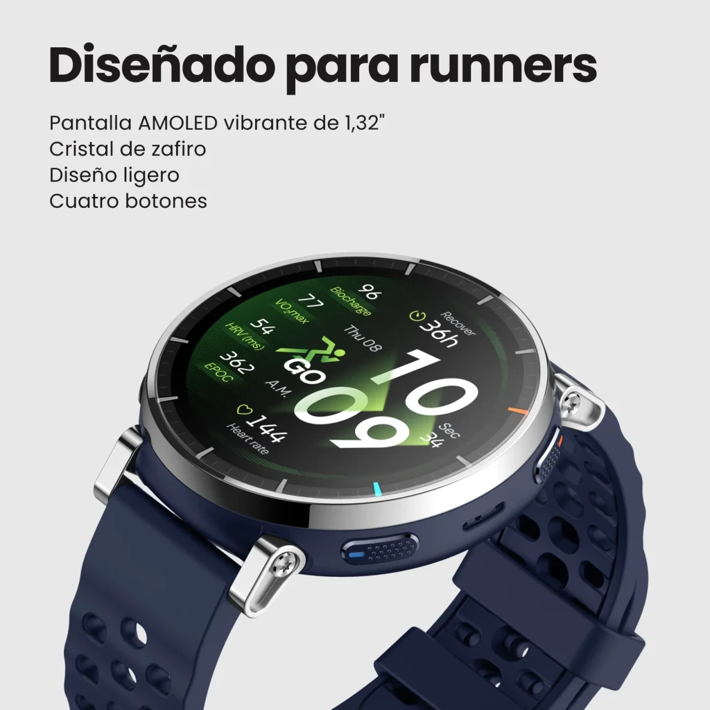 Smartwatch Amazfit Active 3 Premium con pantalla AMOLED 1.32, bisel metálico plateado, correa azul perforada, cuatro botones laterales y diseño ligero