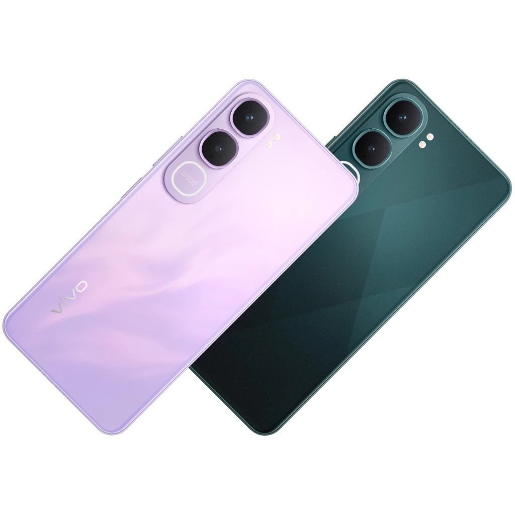Vivo Y21D Negro Jade y lila con doble cámara trasera y flash, acabados brillantes con patrón, bordes curvos y lector lateral integrado en el marco