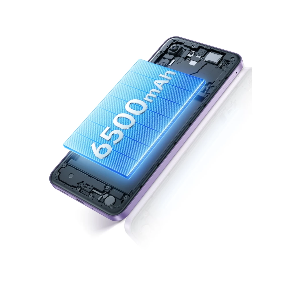 Batería interna de 6500 mAh destacada sobre el chasis del Vivo Y21D, componente en color azul brillante sobre estructura del teléfono en negro jade