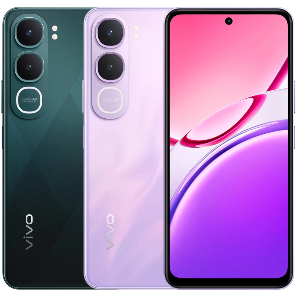Vivo Y21D Negro Jade con doble cámara trasera y anillos brillantes, pantalla frontal con perforación centrada y marcos delgados, acabado mate geométrico