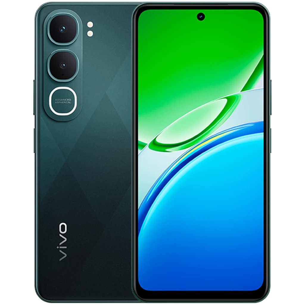 Vivo Y21D negro jade con pantalla amplia de borde delgado, cámara dual trasera con aro destacado y flash, frontal con perforación central para la cámara
