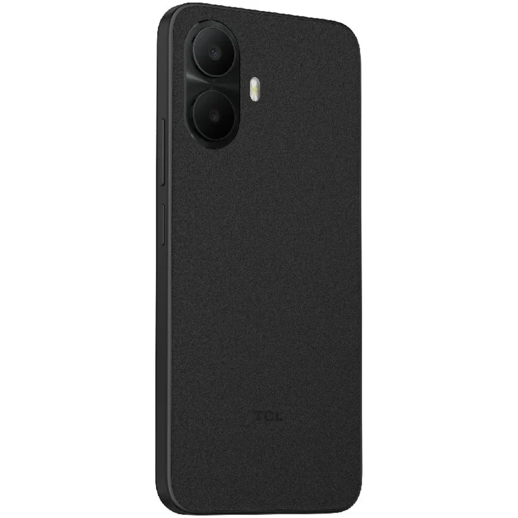 TCL K70 4G en negro con tapa trasera texturizada, módulo dual de cámaras vertical y flash LED; diseño delgado con botones laterales discretos