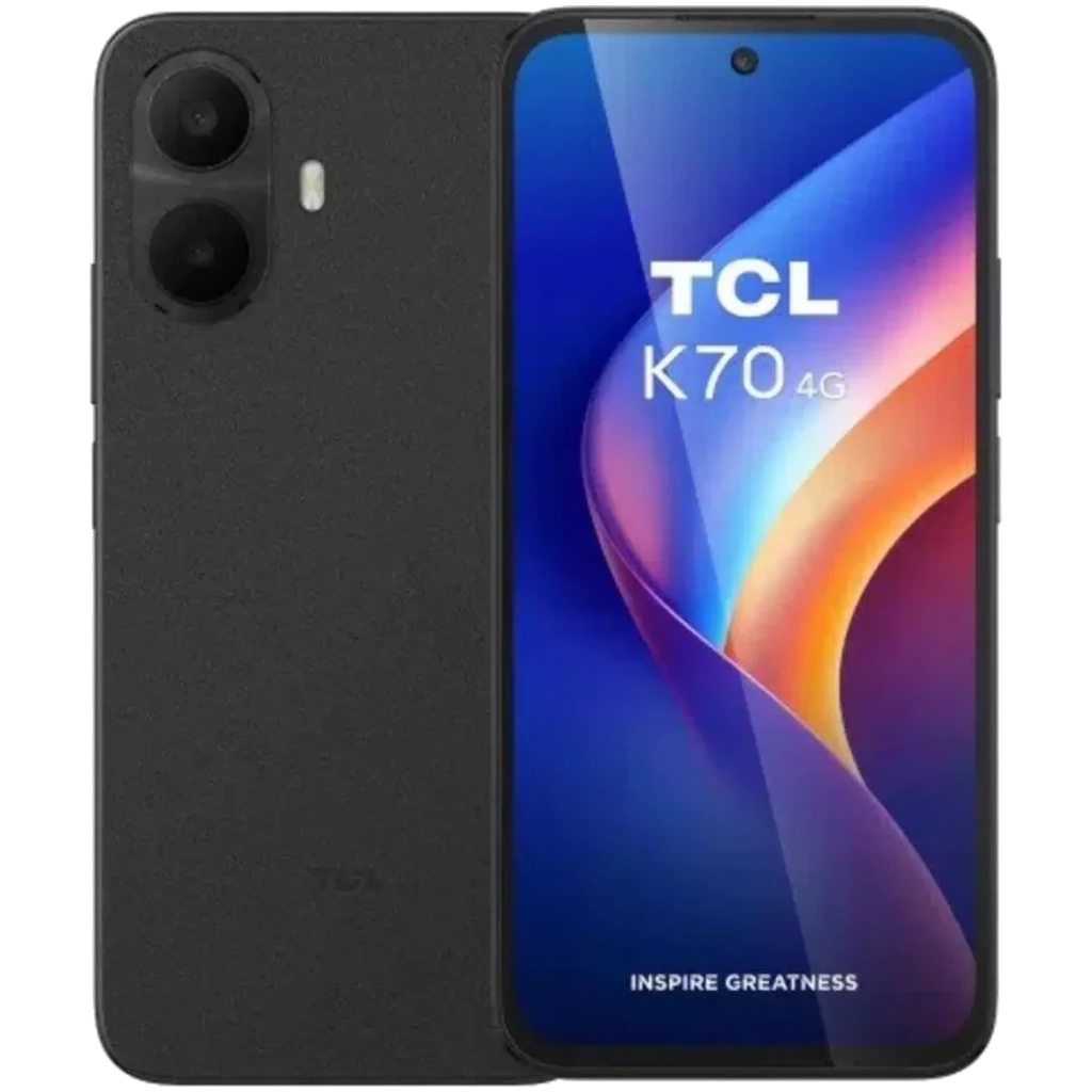 TCL K70 4G con pantalla de 6.75 pulgadas, doble cámara trasera, cámara frontal en orificio centrado, cuerpo negro mate y diseño delgado elegante