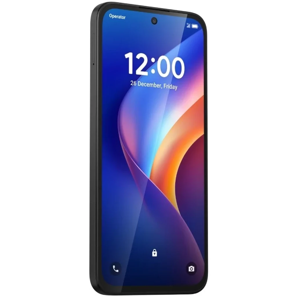 TCL K70 4G con pantalla de 6.75 pulgadas, diseño negro con bordes curvos, cámara frontal en orificio central y botones laterales discretos