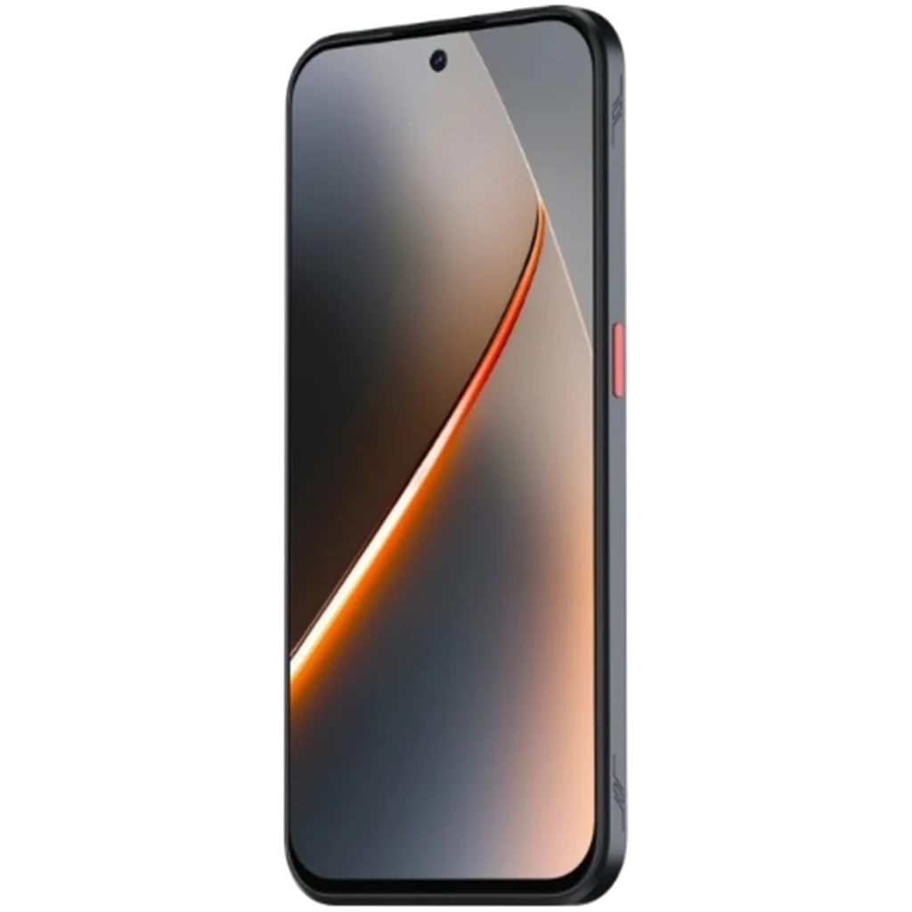 Smartphone Nubia Neo 5 5G plata con pantalla casi sin bordes, cámara frontal en orificio central, marco negro y botón lateral rojo distintivo