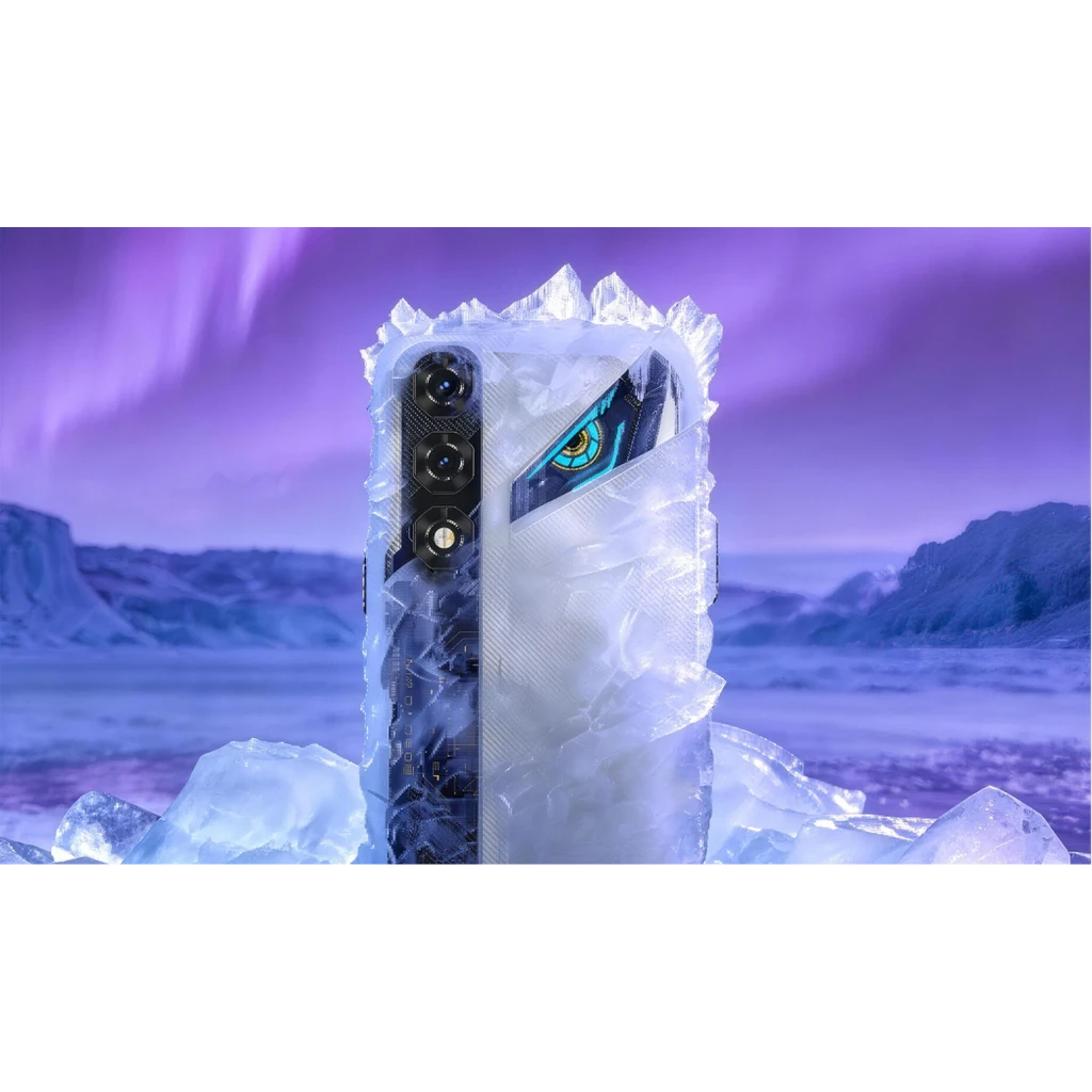 Nubia Neo 5 5G 128 GB Plata 8 GB 6050 mAh con diseño plateado futurista, módulo triple de cámaras y detalles azules estilo gaming entre hielo y luz púrpura
