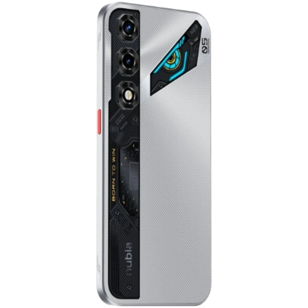 Nubia Neo 5 5G 128 GB Plata con tapa trasera plateada texturizada, módulo triple de cámara vertical y ventana transparente con acentos azules y detalle rojo