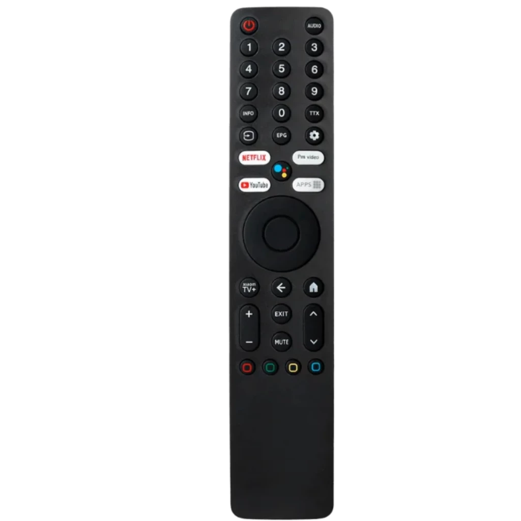 Comando original da Xiaomi Smart TV com Bluetooth e Google Assistant, corpo preto, teclas numéricas, atalhos Netflix e YouTube, botões de volume e